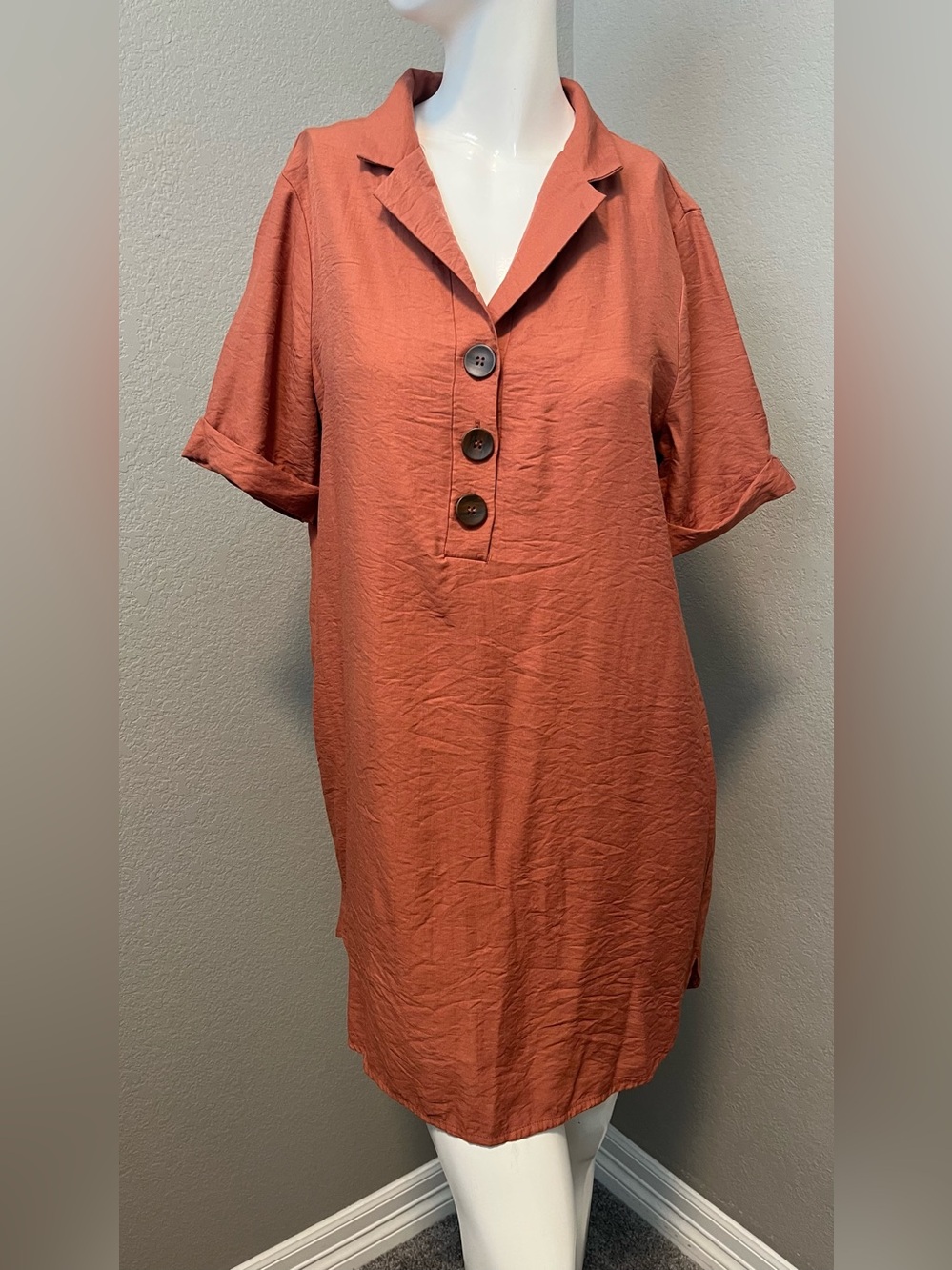 Crescent Women’s Terracotta Short Sleeves Pullover Tunic Mini Dress Size M - Picture 2 of 12